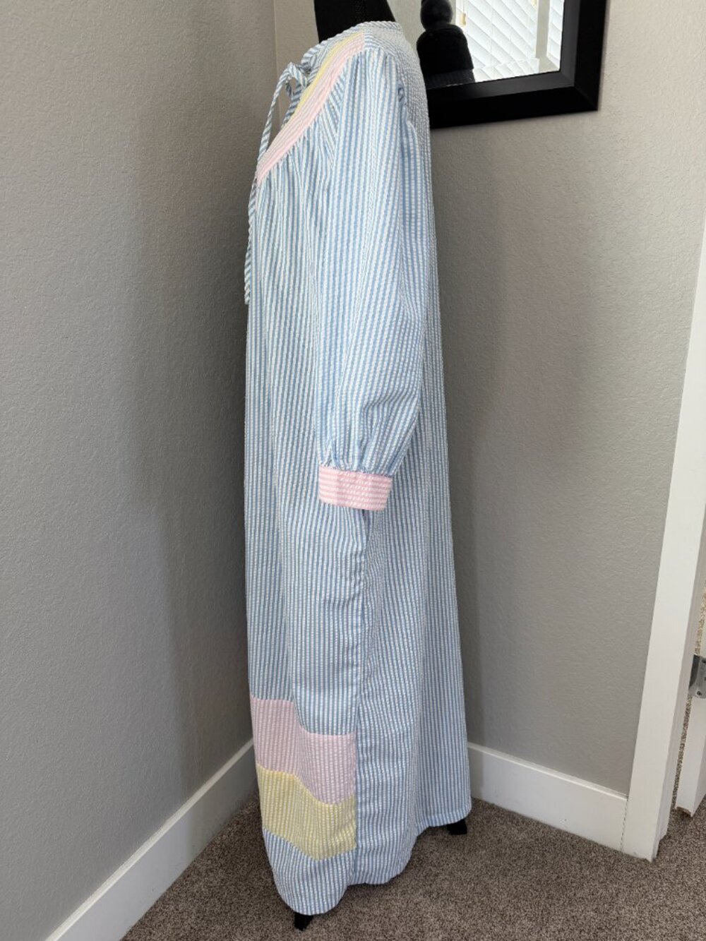 Vintage 70s SAYBURY Pastel Cotton Seersucker Long Sleeve Maxi House Dress Large - Picture 6 of 12